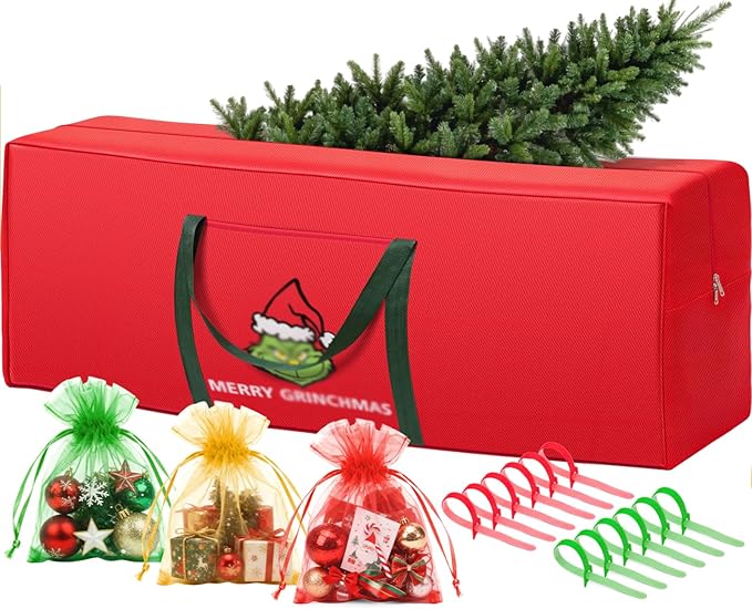 Christmas Tree Storage Bag 9ft Christmas Tree Zipper Bags 600D Oxford Fabric Extra Large Christmas Tree Decorations Storage Container with Reinforced Handles (48x20x15in, Red)