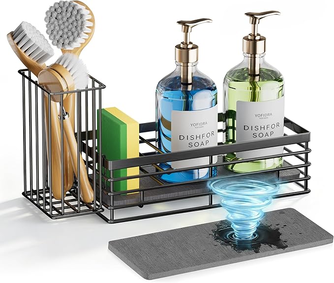 Yofidra Sponge Holder for Kitchen Organizer: Sink Caddy with Instant Drying Stone, Metal Stainless Steel, 9.3" X 4" Home Decor Storage and Organization Accessories, Black