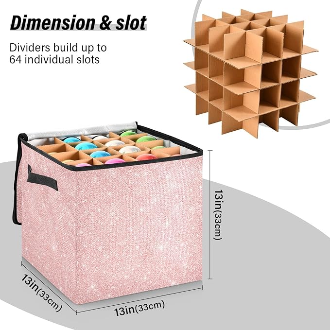 Pink Christmas Ornament Storage Basket Box Winter Xmas Holiday Storage Container Cube with Adjustable Dividers for 64 Holiday Ornaments or Decorations Keeps Clean and Dry for Next Season
