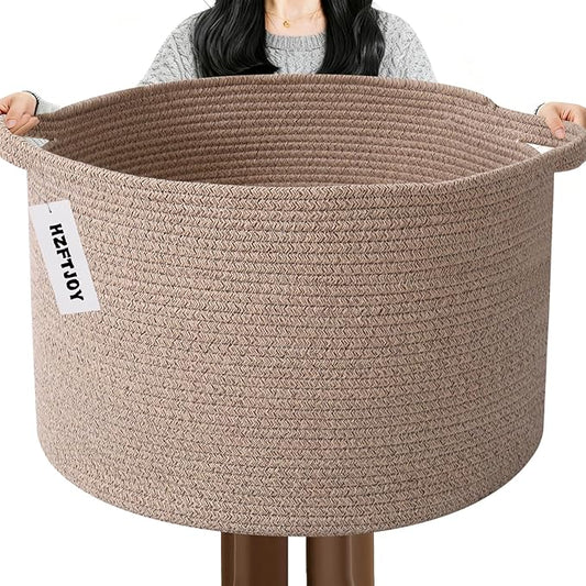 65L Extra Large Woven Cotton Rope Blanket Basket with Handles, Laundry Hamper Storage Bin for Pillows, Comforters,Clothes, Toys, Nursery, Bedroom and Living Room Organization,Brown