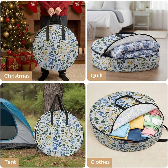 Spring Wildflower Round Storage Bag 36 Inch, Blue Yellow Floral Watercolor Leaf Plant Clothes Storage Container with Handles Heavy Duty Organizer for Comforter, Bedding & Holiday Wreaths