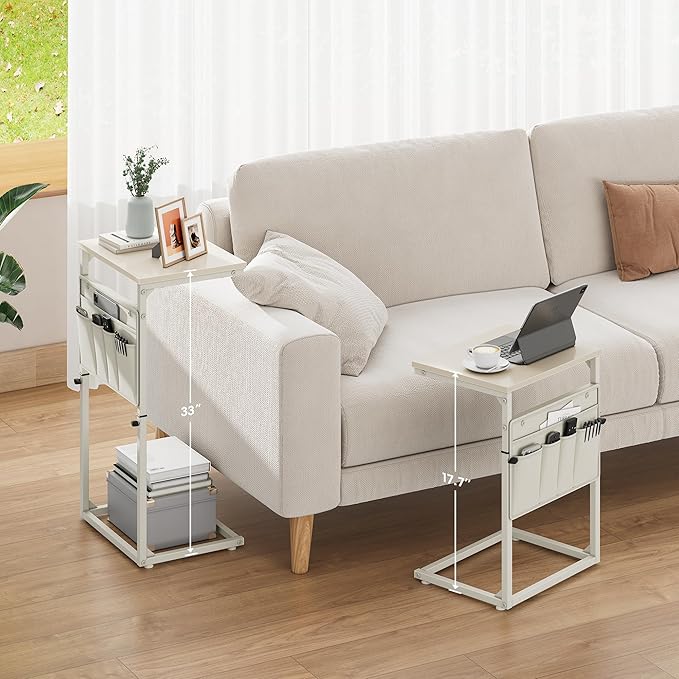Vagusicc C Shaped End Table, 32'' Tall Side Table for Couch, Adjustable Height Small Couch Side Table for Small Spaces, End Table Slide Under Sofa Table TV Tray Table Arm Table for Living Room