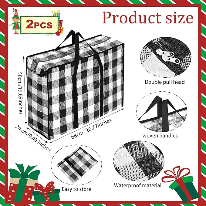 2 Pcs Christmas Ornament Storage Bags Christmas Tree Storage Bags 27 x 20 Inch Ornaments Bag with Zipper Xmas Heavy Duty Containers for Xmas Trees Baubles(Black-White,Plaid)