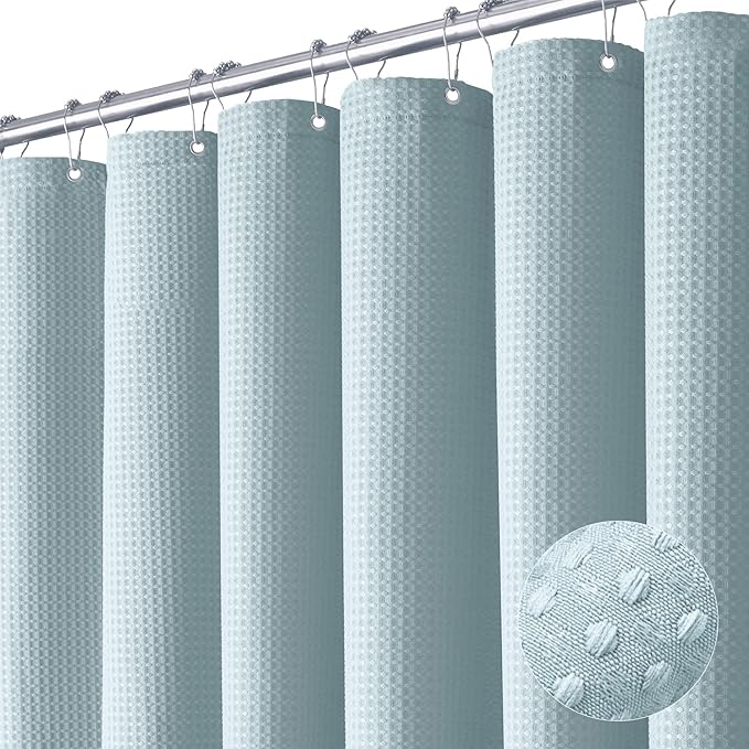 Dynamene Stall Fabric Shower Curtain - 54x78 inch Long Waffle Weave Weighted Thick Cloth Shower Curtains for Bathroom,Heavy Duty Hotel Spa Luxury Bath Curtain Set with 10 Plastic Hooks, Fog Blue