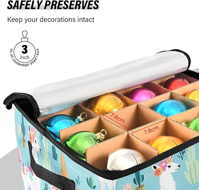 Kigai Alpaca Christmas Ornament Storage Box with Zipper & Adjustable Dividers Holiday Ornament Organizer Xmas Storage Container, 64 Balls