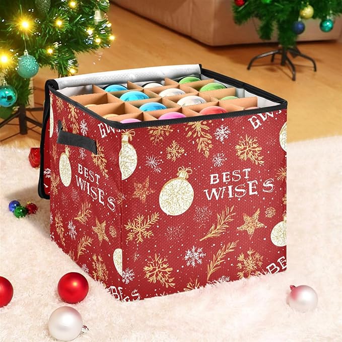 Red Snowflake Christmas Ornament Storage Basket Box Winter Xmas Holiday Storage Container Cube with Adjustable Dividers for 64 Holiday Ornaments or Decorations Keeps Clean and Dry for Next Season