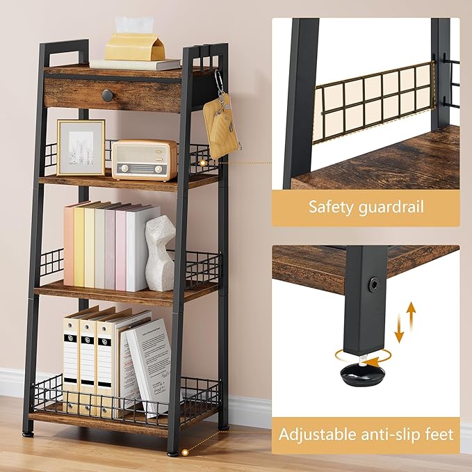 Gewudraw 4-Tier Ladder Shelf with Drawer, Bathroom Table Stand for Small Space, Bathroom Standing Shelves with Storage for Living Room Bedroom Kitchen, Organizer Shelf, Rustic Brown