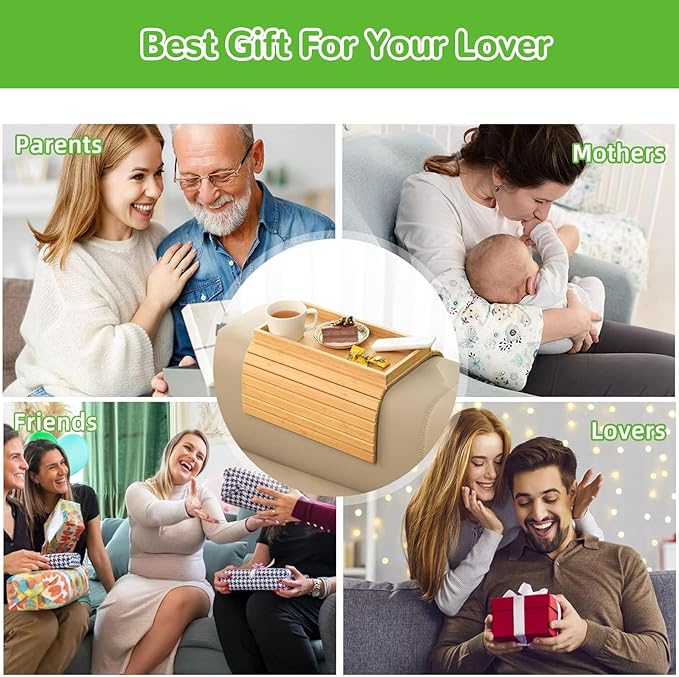 WCHOSOZH Bamboo Sofa Arm Tray with 2Pcs Cup Mats, Foldable Sofa Armrest Tray Side Table, Anti-Dropping Couch Armrest Table Cup Holder for Eats Drinks Snacks Remote Cellphone