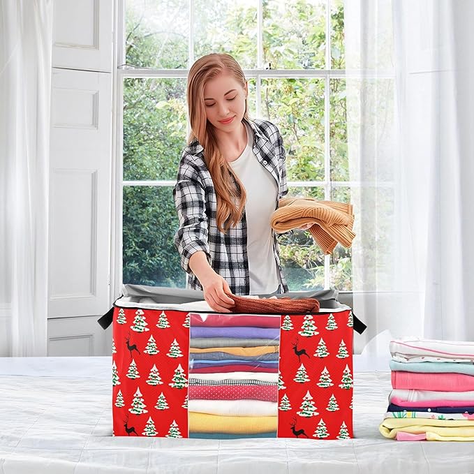Burbuja 2 Pack Storage Bag Organizer with Handles for Clothes, Blankets, Bedding, Christmas Tree Foldable Storage Bag with Zipper & Clear Window, 95L
