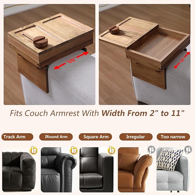 Acacia Wood Sofa Arm Tray, Adjustable Couch Armrest Table with 2 Rotatable Trays & a Storage Box | 360° Rotating Phone Holder for Drinks, Cups, Snacks, and Remote