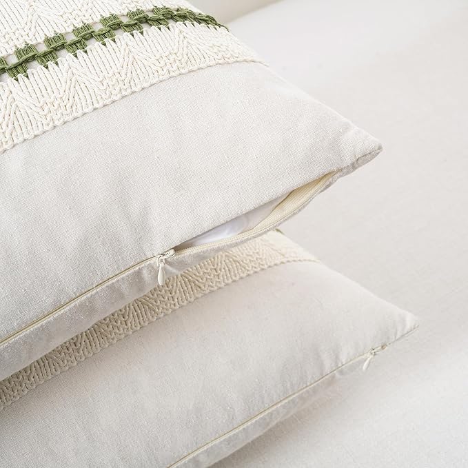 Fancy Homi Set of 1 Boho Moss Green Long Lumbar Decorative Throw Pillow Cover 14x24 Inch for Couch Bed Sofa Chair, Modern Organic Farmhouse Home Decor, Soft Cotton Cute Accent Rectangle Cushion Case