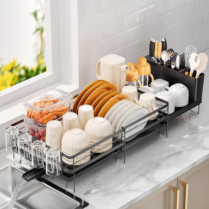 Delamu Stainless Steel Dish Drying Rack, Expandable Dish Drainer, Anti-Rust Large Dish Racks for Kitchen Counter, Dish Strainers with Drainboard, Utensil Holder & Cup Holder, Black