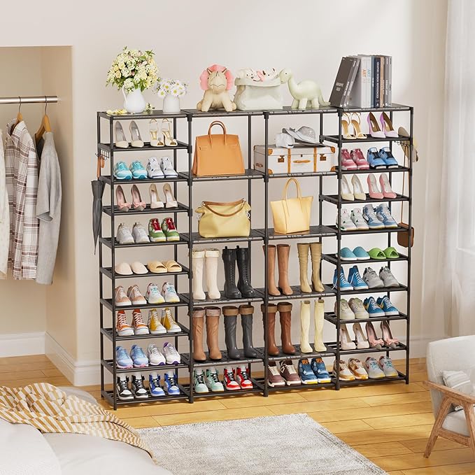 Ekisemio Large Shoe Rack Organizer for Entryway Closet 72-80 Pairs 10-Tier Heavy Duty Tall Garage Shoe Rack Shoe Shelf Shoes Storage with Removable Side Hooks for Bedroom and Garage, Black
