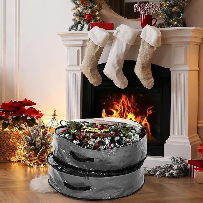 Aliceset 4 Pack Wreath Storage Containers, Ornament Garland Wreath Storage Bags with Handle Zipper Decorative Storages Box for Winter Valentine Wreaths(36 x 36 x 7.8 Inch,Gray)