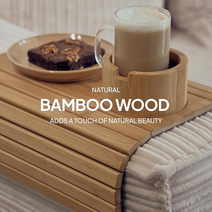 Bamboo Couch Arm Tray for Drinks and Snacks with Detachable Cup Holder and Anti Slip Base, Foldable Sofa Arm Tray for Convenient Couch Side Use