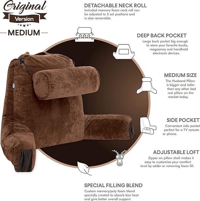 Husband Pillow Medium Reading Pillow with Arms - 23" Backrest for Sitting Up in Bed - Firm Support Bed Rest Pillow for Adults, Neck Roll, Removable Cover - TV, Reading, Lounging - Chocolate
