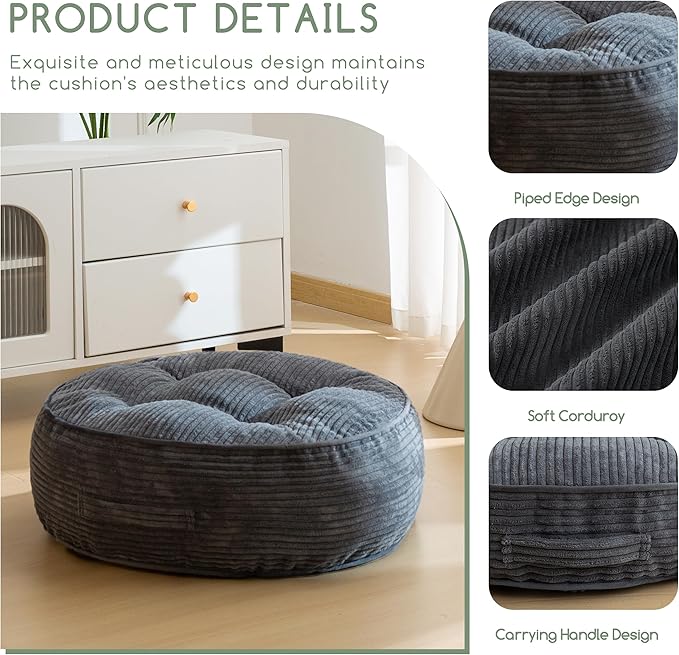 HIGOGOGO 8" Extra Thick Floor Pillow Cushion for Adults, Meditation Cushion Pillow, Large Round Floor Sitting, Tufted Corduroy Cover, for Tatami Living Room or Yoga, 22x22 Inch, 2Pack, Dark Grey