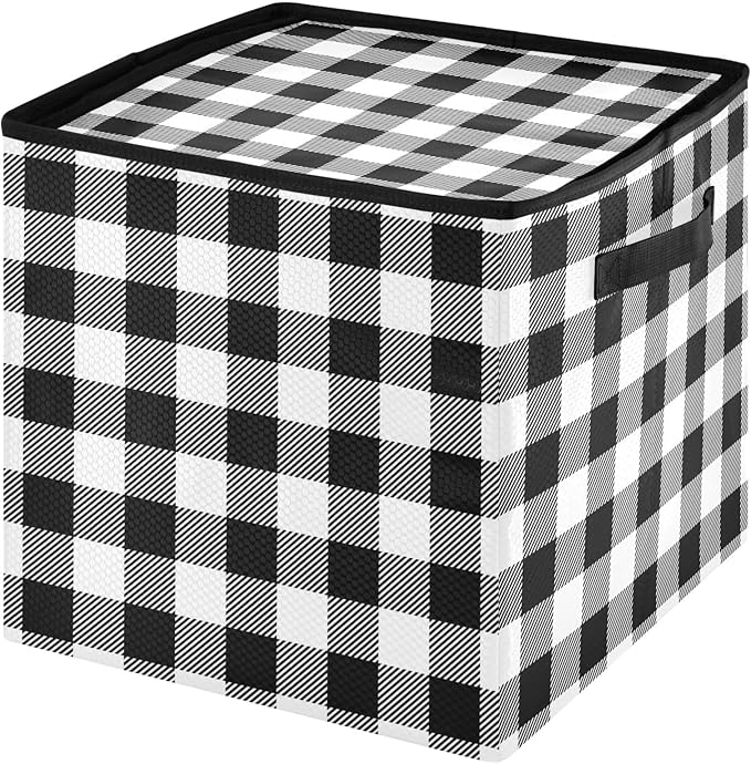 Christmas Ornament Storage Basket Box Buffalo Plaid Black White Winter Holiday Storage Container Cube with Adjustable Dividers for 64 Holiday Ornaments or Decorations Keeps Clean and Dry