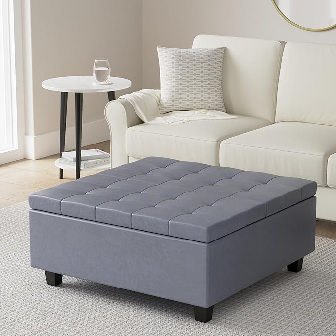 SIMPLIHOME Harrison Coffee Table Storage Ottoman - 36 inch Wide Upholstered Vegan Leather Square Lift-Top Ottoman in Stone Grey, Transitional Ottoman for Living Room with Hidden Storage
