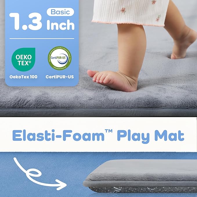 1.3" Thick Baby Floor Play Mat 59x71, Basic Padded Foam Mat for Tummy Time Crawling, Non Slip Cushioned for Babies Toddlers Infants Kids (Light Grey)