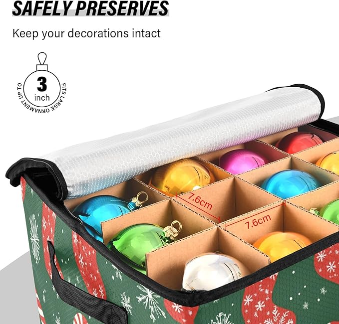Snowflake Christmas Ornament Storage Basket Box Turquoise Teal Winter Holiday Storage Container Cube with Adjustable Dividers for 64 Holiday Ornaments or Decorations Keep Clean and Dry for Next Season