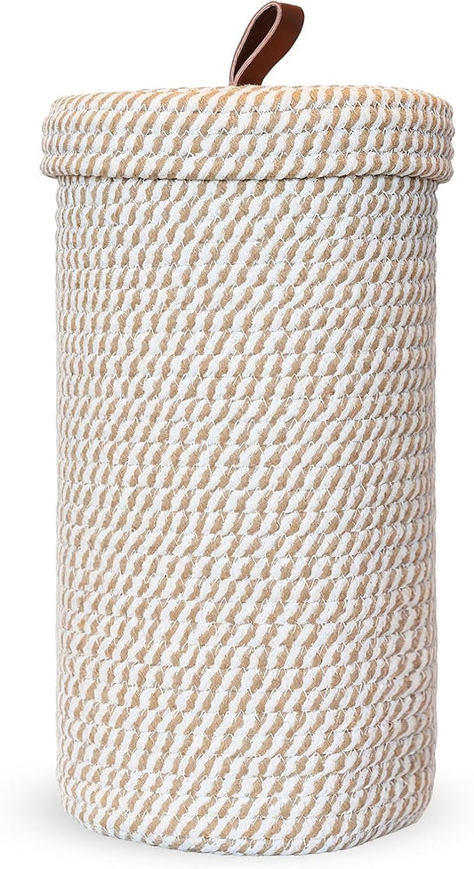 Toilet Paper Holder Handmade – Woven Cotton Toilet Paper Stand & Storage Basket with Lid, Freestanding Organizer for Bathroom, Fits 3 Mega Rolls Gradient Brown 14'' x 7''