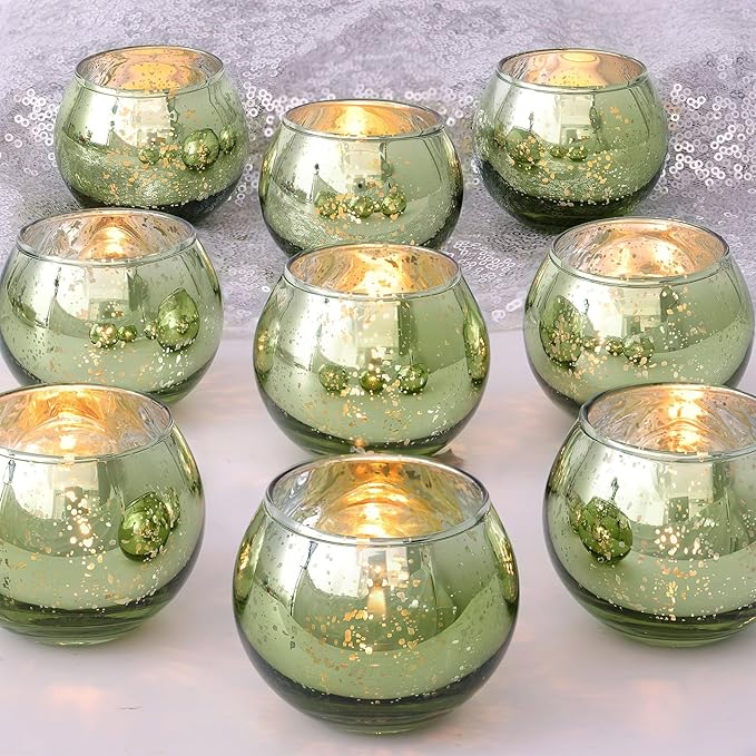 LAMORGIFT 12 Pcs Green Candle Holder for Wedding Decor- Sage Green Mercury Glass Votives for Bridal Shower, Tea Party Table Centerpieces, Vintage Rustic Wedding