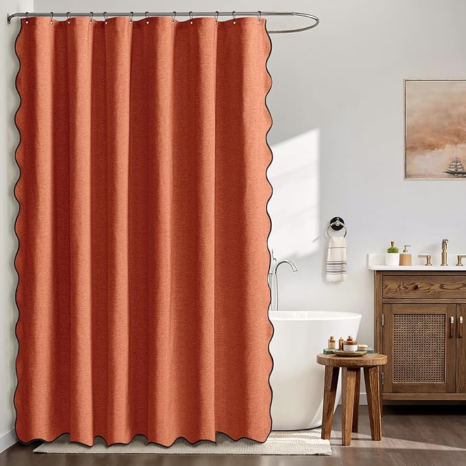 MIULEE Burnt Orange Scalloped Shower Curtain Linen Textured with 12 Metal Hooks Cute Heavy Duty Washable Waterproof Thick Cloth Shower Curtains with Black Border for Bathroom Hotel Bathtub,W72*L72