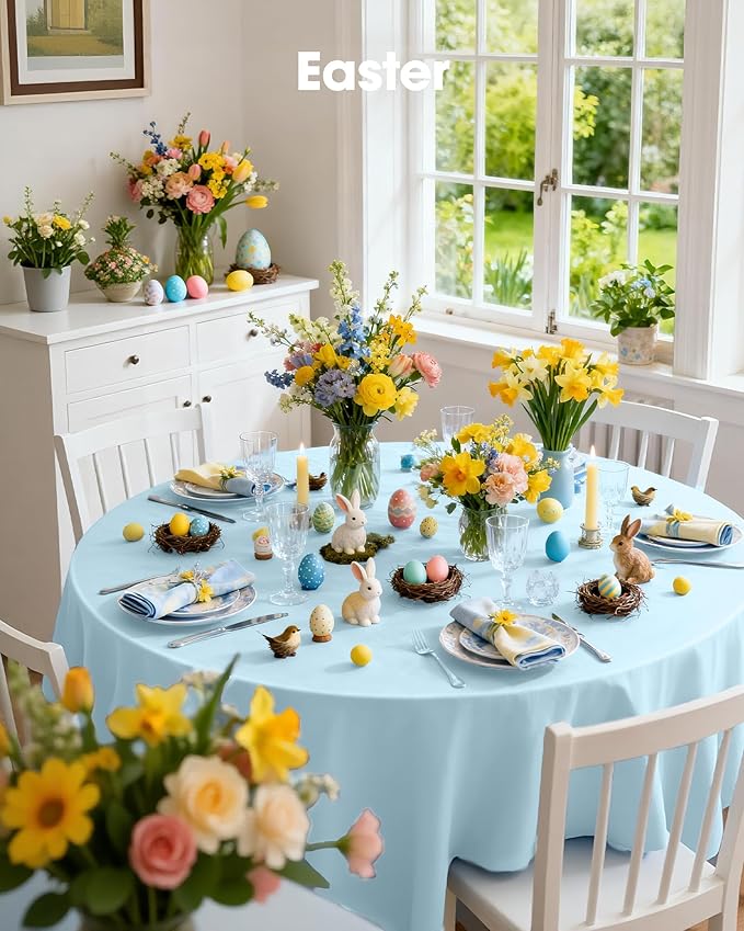 Pureegg Plastic Table Cloth Disposable 10 Pack, 84'' Round Table Cloths, Easter Party, Picnic, Wedding, Decorative Tablecloths, Round, Baby Blue Plastic Cover, Leakproof & Sturdy, Light Blue