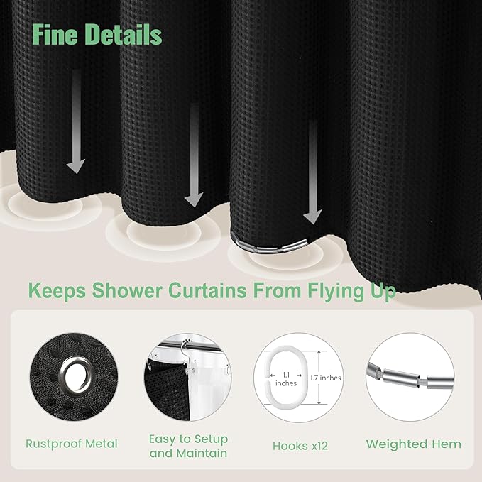 Dynamene Black Shower Curtain and Liner Set, Waffle Weave Fabric, Waterproof Clear Liner, 256GSM Heavy Duty Weighted Hotel Luxury Cloth Shower Curtains for Bathroom with 12 Plastic Hooks, 72Wx72H