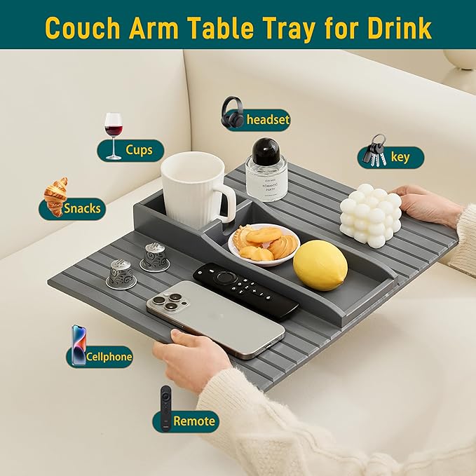 Bamboo Couch Cup Holder Arm Tray Table，Couch Drink Holder，Sofa Cup Holder Armrest Tray，Anti-Slip Foldable Arm Chair Table Tray Recliners for Drink,Cups, Snacks, Phone, Remote (Gray)
