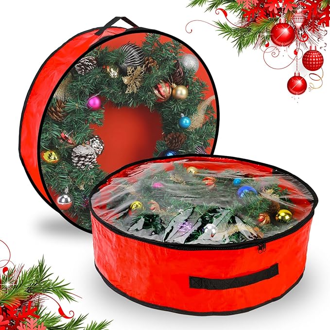 Pwsap 2 Pack Christmas Wreath Storage Container - 36 Inch, Garland Storage, Christmas Large Wreath Storage Container Cover, Durable Tarp Material, Dual Zipper Storage Bag for Xmas Holiday, Red
