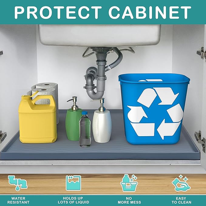 URMONA Waterproof Silicone Under Sink Mat 31'' x 19'' Shelf Liner for Kitchen and Bathroom, Cabinet and Counter Protector, Storage and Organizers, Litter Mat, Pet Cat Puppy Essentials(Black)