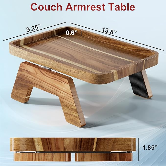 ZUJJAFY Couch Armrest Table, Acacia Wood Couch Arm Tray, Clip-On Sofa Arm Tray Table for Drink Eating Snacks Remote and Control
