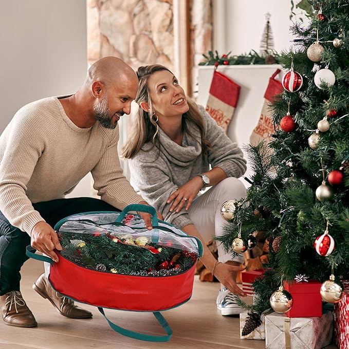 Shappy 20 Pcs Red Wreath Storage Bag Clear Wreath Box Storage Containers with Clear Window and Handle Garland Containers for Holiday Seasonal Bags