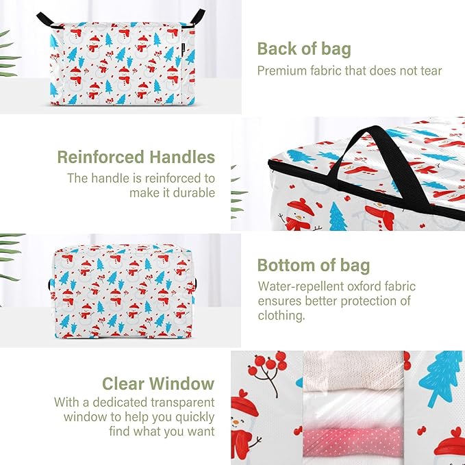 Burbuja 2 Pack Storage Bag Organizer with Handles for Clothes, Blankets, Bedding, Snowmen Tree Foldable Storage Bag with Zipper & Clear Window, 95L