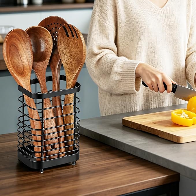 Utensil Holder, Stainless Steel Utensil Drying Rack for Kitchen Counter, Silverware Cutlery Flatware Holder Forks, Knives, Spoons, Chopsticks Organizer (Black)