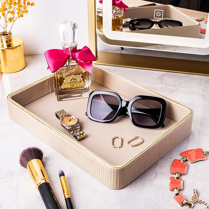 ZHEM Perfume Tray Valet Tray Night Stand Bedside Organizer| Perfume Organizer Catchall| Perfume Trays for Dresser Vanity Tray for Dresser Countertop| Perfume Holder (Beige)