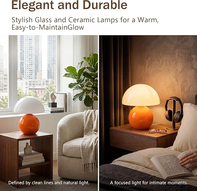 Dawnwake Mushroom Lamp Table Lamp for Bedroom,Desk Bedside Small Lamps for Living Room Night Stands, Cute Mini Modern Mid Century Desk Lamps,Unique Aesthetic Home Living Room Decor(Orange)