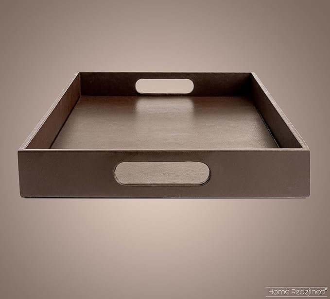 Home Redefined Beautiful Modern Elegant 17.5"x12" Rectangle Classic Brown Faux Leather Decorative Tray Ottoman Coffee Table Perfume Living Room Kitchen Serving Tray with Handles for All Occasion's