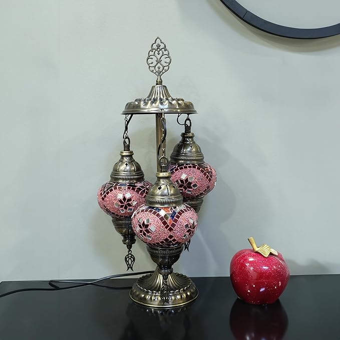 Asylove Turkish Lamp, 3 Globe Turkish Mosaic Table Lamp, Living Room and Office Decoration Lighting 5 inc Globe Total Dimesions 12 x 12 x 24 inch (Redmix)