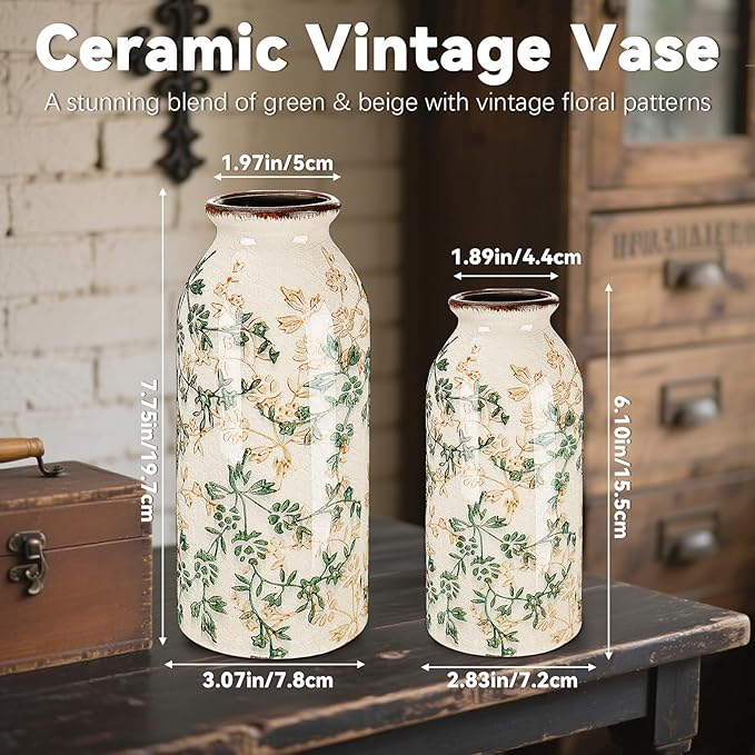 2 Pcs Vintage Ceramic Flower Vase Chinoiserie Antique Floral Vase Rustic Boho Farmhouse Decor for Home Table Bookshelf Aesthetic Centerpiece Gift(Vintage Green)