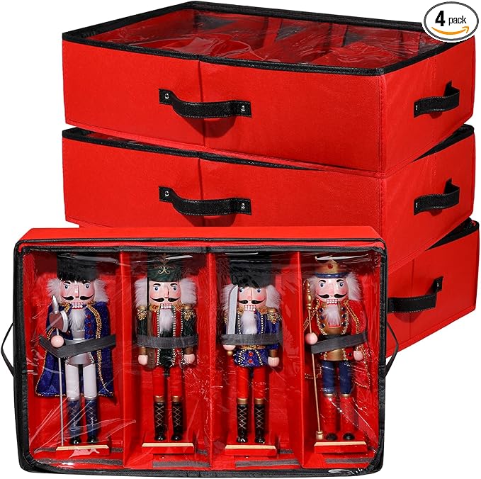 Preboun 4 Pack Clear Top Christmas Nutcracker Storage Box - Each Holds 4 Figurines up to 16 Inches (Red)