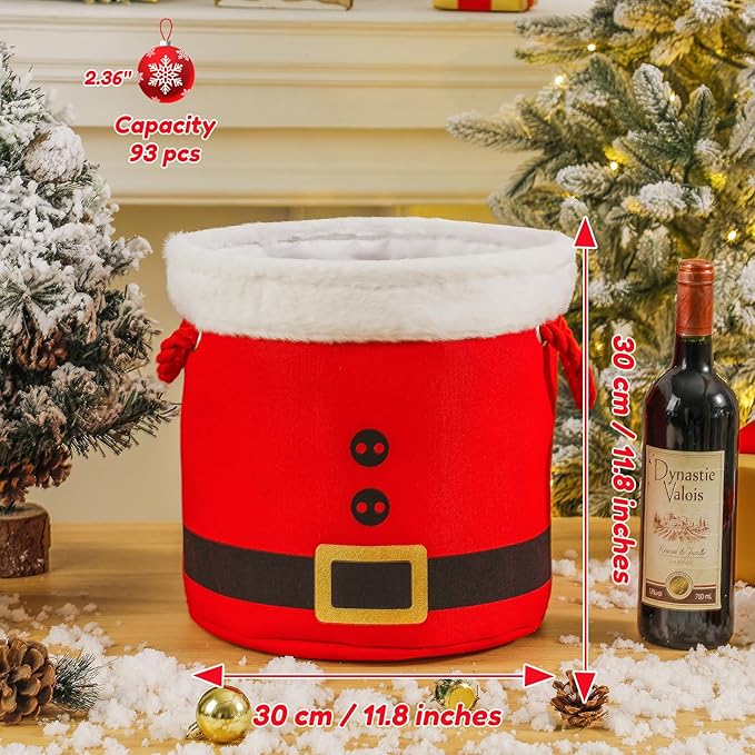 Christmas Bucket Xmas Buckets Red Santa Belt Round Basket with Handles, Christmas Game Ornaments Storage Tins Gift Basket Empty Decorative Kitchen Candy Bars for Xmas Winter Holidays Party Favors