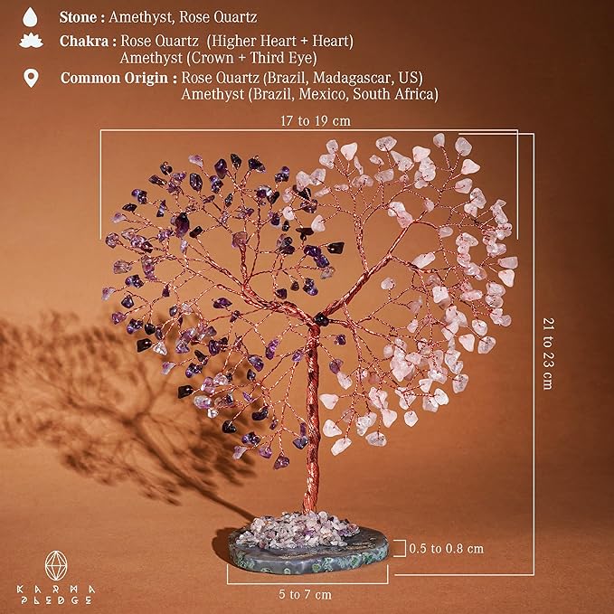 Handmade Healing Crystal Tree of Life Amethyst & Rose Quartz Chakra Tree for Money, Good Luck, Feng Shui Home Decor, Living Room Office Deocration, Unique Birthday Gifts for Women, Men, Mom