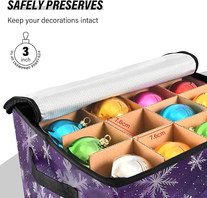 Purple Snowflake Christmas Ornament Storage Basket Box Winter Xmas Holiday Storage Container Cube with Adjustable Dividers for 64 Holiday Ornaments or Decorations Keeps Clean and Dry for Next Season