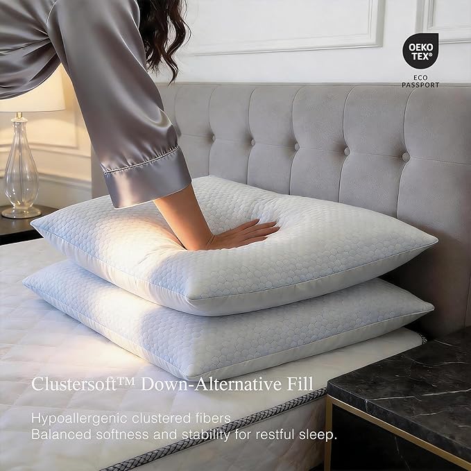 Blue Ridge Home Fashions Luxury Hotel Quality Cooling Pillows Queen Size Set of 2, Soft Medium 500 Thread Count Damask Stripe Embroidered 100% Cotton Cover, Down Alternative
