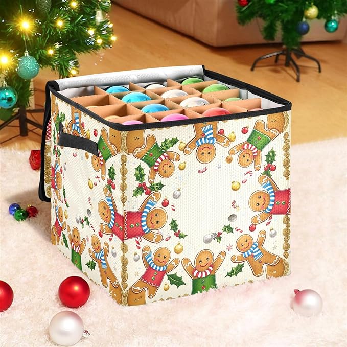 Gingerbread Man Red Christmas Ornament Storage Basket Box Winter Xmas Bells Holiday Storage Container Cube with Adjustable Dividers for 64 Holiday Ornaments or Decorations Keeps Clean and Dry
