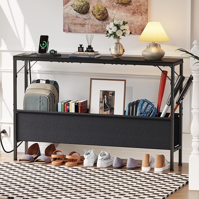 Asgolion Narrow Console Table, 47.2" Long Entryway Table with Storage & Power Outlets, Hallway Table, Mordern IndustrialSofa Tables for Living Room, Bedroom, Foyer, Office, Anti-tip Kit, Black