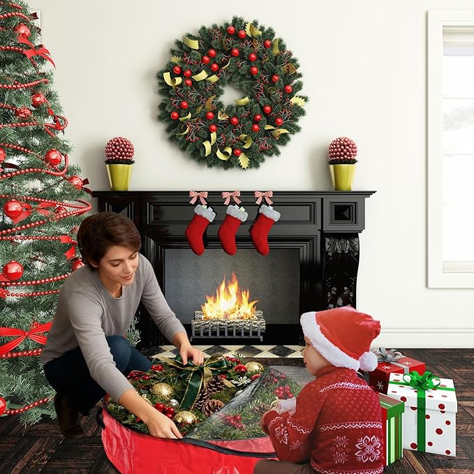 4 Pack 30x8Inch Christmas Wreath Storage Container, Large Clear Holiday Garland Storage Bags with Handle (Red)